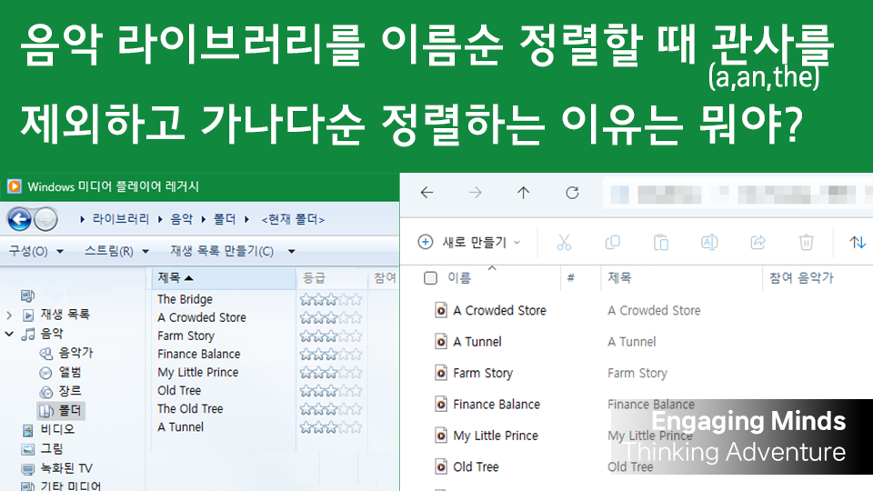음악 라이브러리를 이름순 정렬할 때 관사를 무시하고 가나다순 정렬하는 이유는 뭐야?